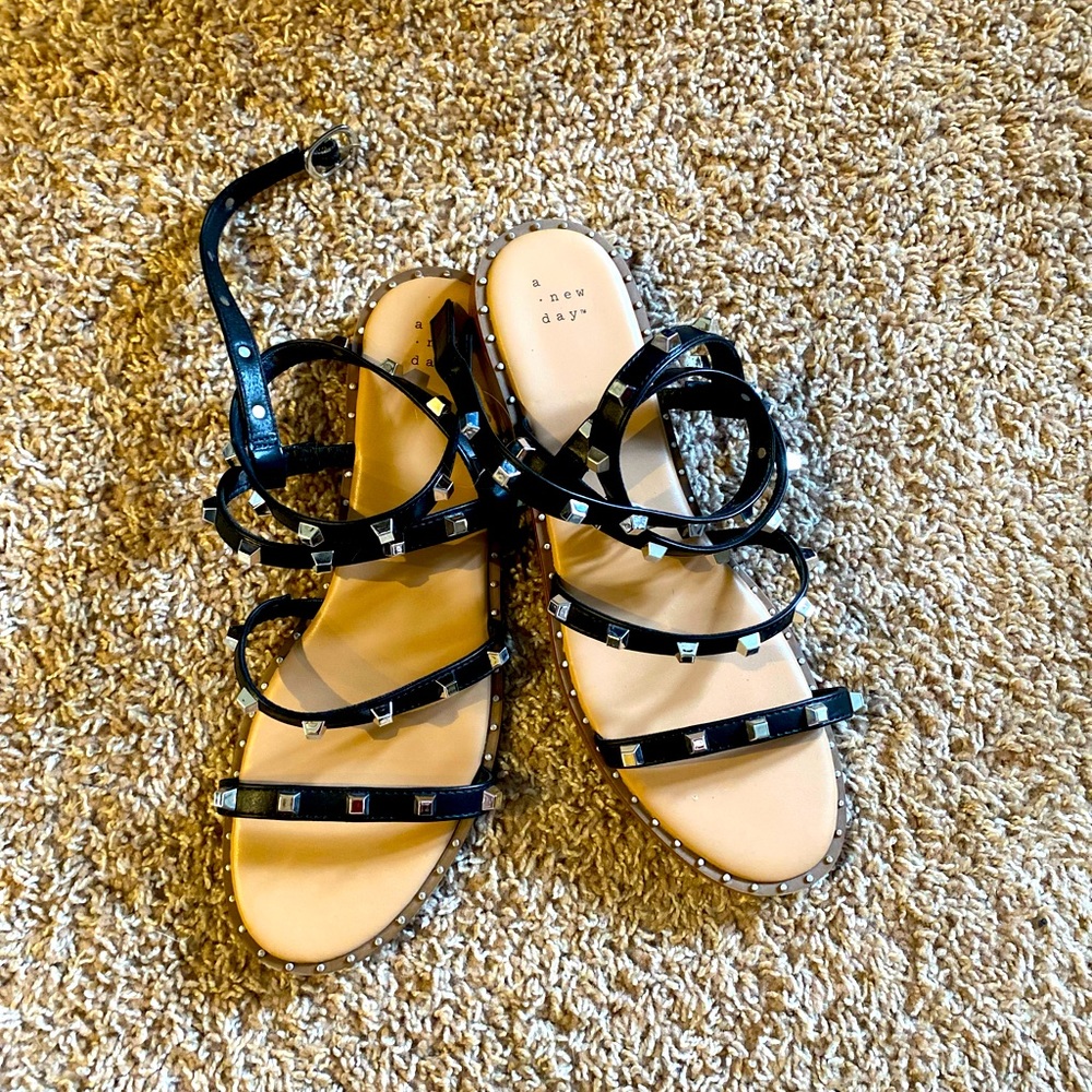 Studded faux leather wrap ankle flat sandal